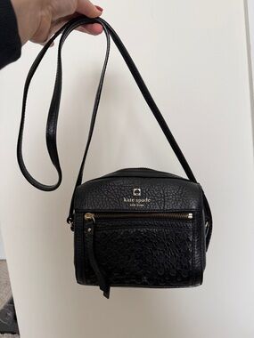 kate spade Black Pebbled Leather Crossbody with Floral Appliqué